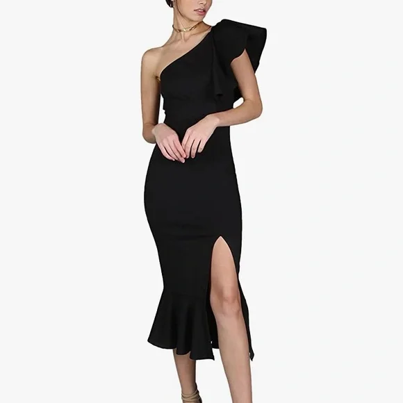 open lace back dress Isabella One-Shoulder Ruffle Slit Formal Dress